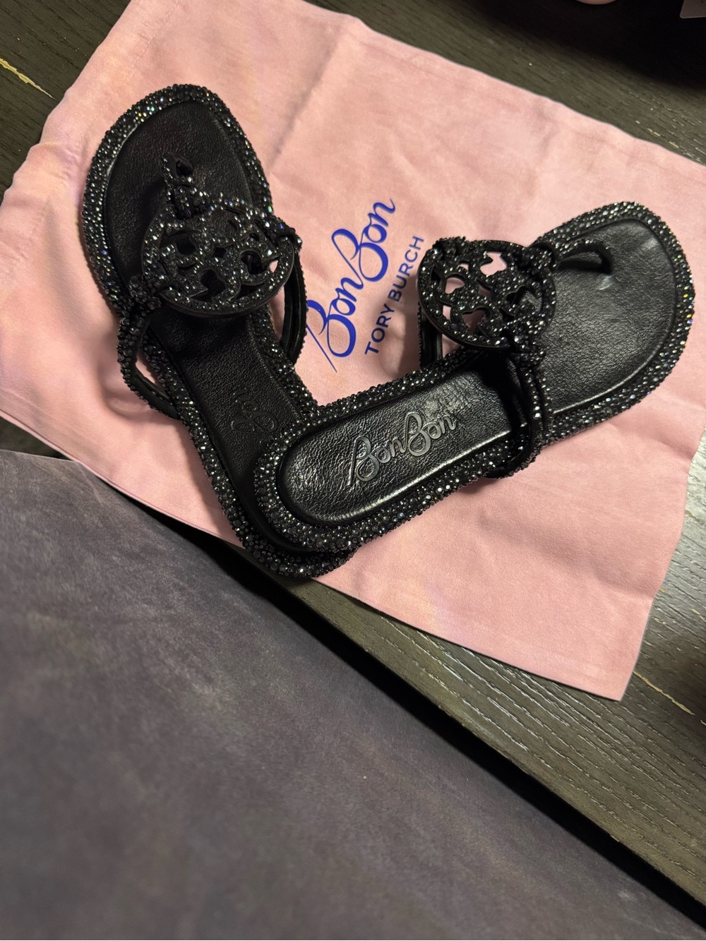 Tory Burch Black Jeweled Logo Thong Sandals